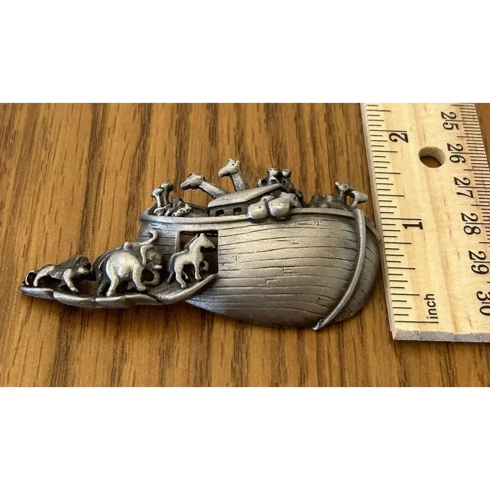 Pewter Noah’s Ark Brooch Pin Biblical Religious Silver Tone AJC Signed